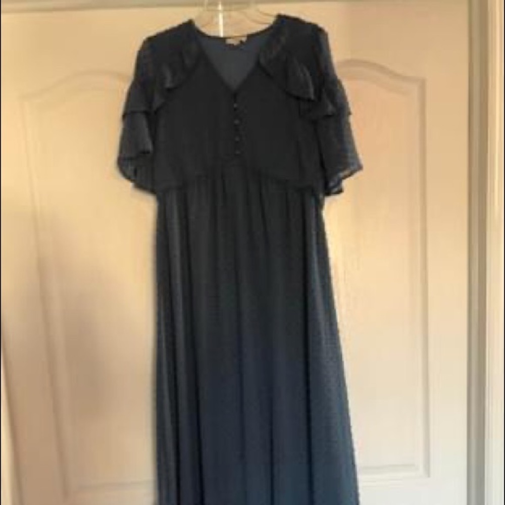 Blue ruffle sleeve maxi dress - maternity friendly